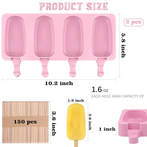 3 Pack Large Silicone Popsicle Molds with 150 Pcs Wooden Sticks (3 Count)
