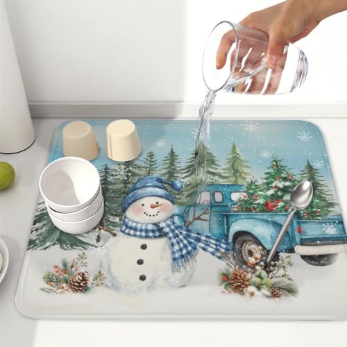 Winter Snowman Blue Dish Drying Mat Xmas Truck Dishes Pad 16"x18" Microfiber Absorbent Drainer Rack Mats Protector for Kitchen Counter Sink
