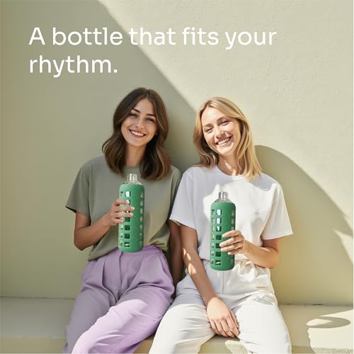 40oz / 32oz / 22oz / 12oz Borosilicate Glass Water Bottle with Time & Volume Markers, Silicone Sleeve, Stainless Steel Lid | Reusable Glass Bottle for Water & Juice (40oz Shale Green)