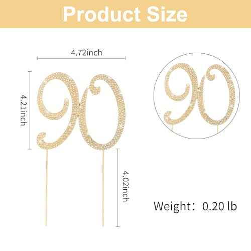 Gold 90th Birthday Cake Topper Rhinestones Cake Decorations for 90th Birthday Party
