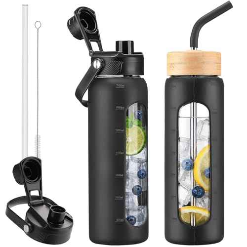 24 oz Glass Water Bottle with Straw and 2 Lids