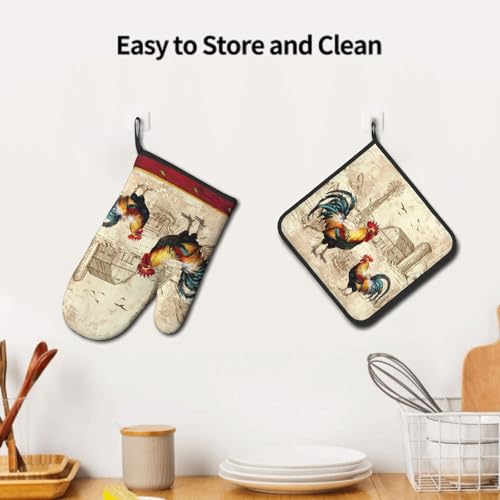 Farm Rooster Oven Mitts and Pot Holder Set of 2 Rustic Chicken Kitchen Potholders Heat Resistant Oven Glove for Baking Cooking Grilling BBQ