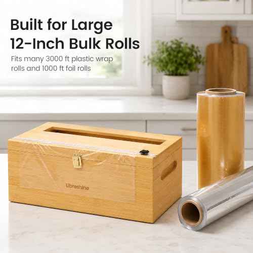 12 Inch Bamboo Plastic Wrap Dispenser with Cutter for Large Roll