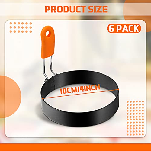 6 Pcs Professional Egg Ring Pancake Ring Set Stainless Steel Fried Egg Molds Griddle Pancake Shapers with Orange Silicone Handle for Breakfast Omelette Sandwich