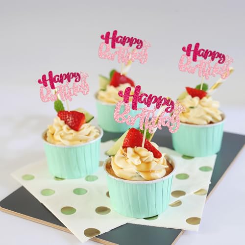 24Pcs Happy Birthday Cupcake Toppers Double Layer Glitter Happy Birthday Cake Decorations for Celebrating Baby Shower Theme Kids Boys Girls Birthday Anniversary Party Supplies Rose Red Pink (24 Count)
