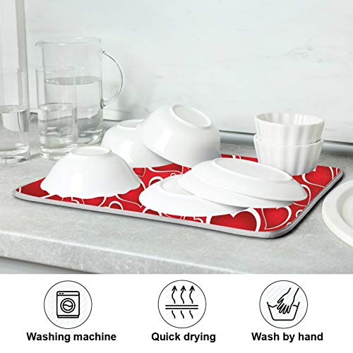 Valentines Day Red Hearts Dish Drying Mat for Kitchen Counter Absorbent Microfiber Large Drying Pad Dish mats for Kitchen Countertops 18 x 24 Inch