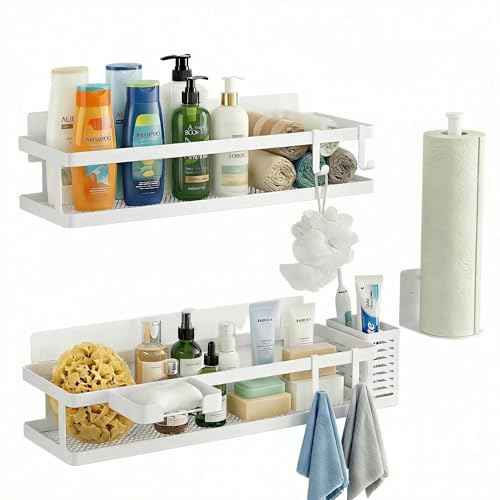 5-in-1 16.5" Extra Long Kitchen Organizer & Shower Caddy Set, Wall Mount Spice Rack with Paper Towel Holder, Utensil Holder & Soap Dish, Rustproof Mesh - White, Guardrail