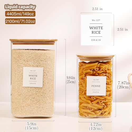 2 Pack large Square Glass Flour and Sugar Containers with 132 Kitchen Pantry Labels