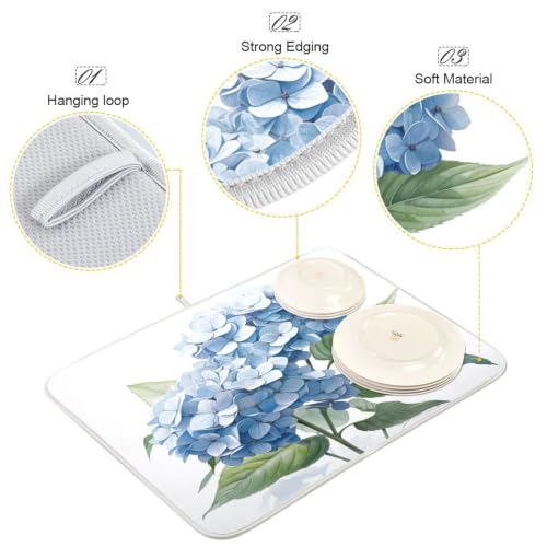 Blue Hydrangeas Flower Dish Drying Mat for Kitchen Counter Absorbent Microfiber Drying Pad