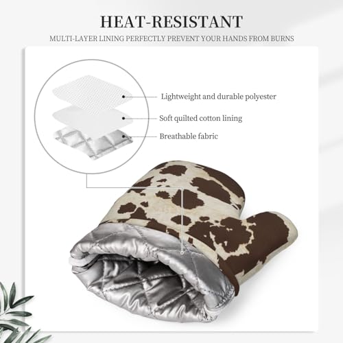 Brown Cowhide Oven Mitts and Pot Holders Sets Silicone Brown Cow Print Kitchen Mitts Cowhide Skin Pattern Potholders Heat Resistant 4Pcs Oven Gloves Hot Pads for Kitchen Baking Cooking (4 Count)
