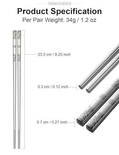 Metal Chopsticks Reusable Stainless Steel Chopsticks Dishwasher Safe Square Lightweight Non (5 Count)