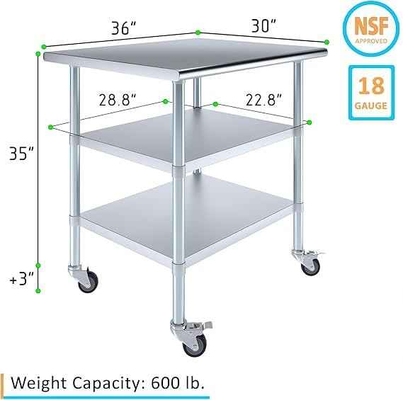 Stainless Steel Work Table with 2 Shelves and Casters