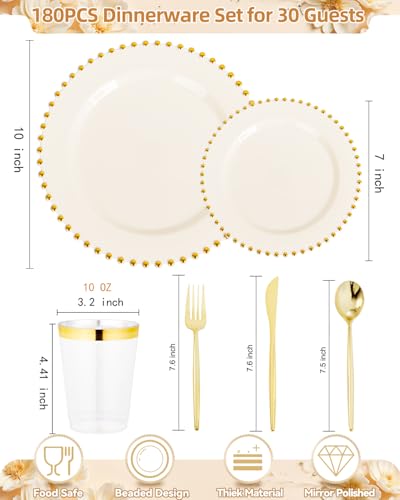 180Pcs Elegant Ivory Gold Plastic Dinnerware Set for Wedding (180 Count)