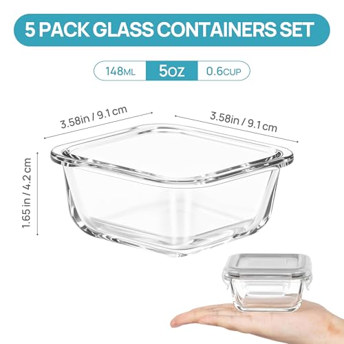 5Pack 5oz Small Glass Storage Containers Set With Lids (5 Count)