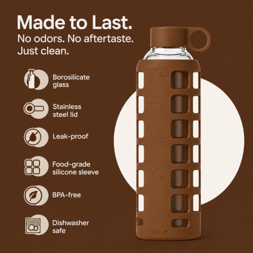 40oz / 32oz / 22oz / 12oz Borosilicate Glass Water Bottle with Time & Volume Markers, Silicone Sleeve, Stainless Steel Lid – Reusable Glass Bottle for Water & Juice (32oz Earth Brown)