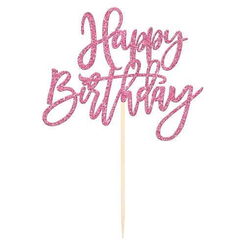1 PCS Happy Birthday Cake Topper Glitter Happy Birthday Cake Pick for Celebrating Happy Birthday Anniversary Theme Party Cake Decorations Supplies Pink