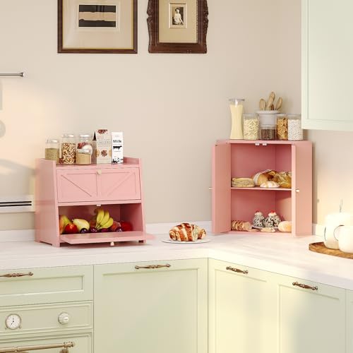 Corner Bread Box for Kitchen Counter Double Layer Bamboo Bread Storage Container Large Capacity Bread Storage Bin Farmhouse Breadbox Organizer