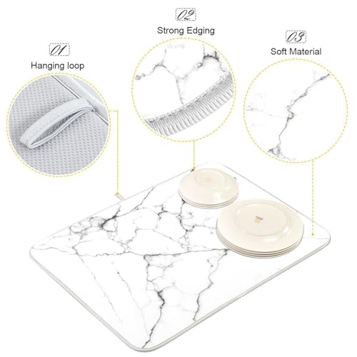 White Grey Marble Dish Drying Mat for Kitchen Counter Absorbent Microfiber Drying Pad