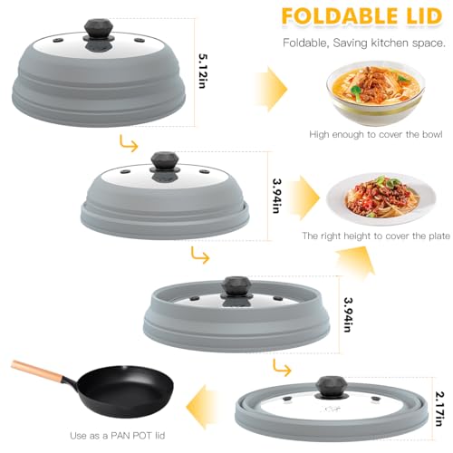 Microwave Splatter Cover Vented Glass Splatter Guard Lid with Collapsible Silicone for Food as Pot Cover 11.8 inch Large Plate for 6 7 8 9 10 11 inch Plate Bowl Light Grey