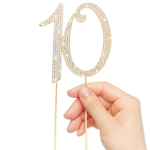 Gold 10th Birthday Cake Topper Rhinestones Cake Decorations for 10th Birthday Party