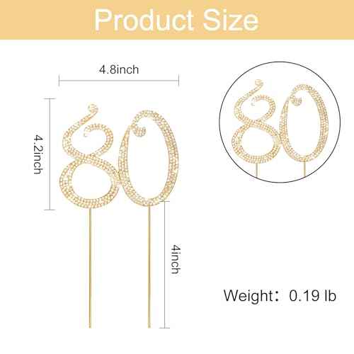 Gold 80th Birthday Cake Topper Rhinestones Cake Decorations for 80th Birthday Party
