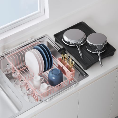 Pink Dish Drying Rack in Sink with Drainboard and Utensil Holder