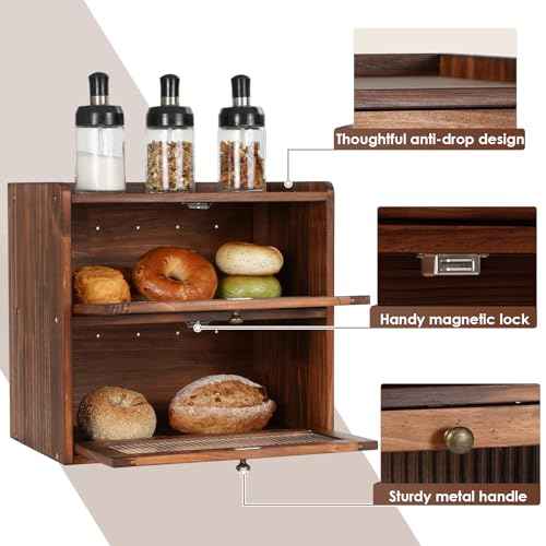 Bread Box for Kitchen Countertop Wooden Bread Storage Container Bin 2 Layer Breadbox Holder Large Capacity Keeper Vintage Farmhouse Food Organizer Pantry Shelf Acrylic Window（Black）
