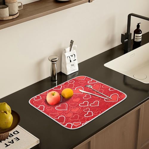 Red Hearts Cute Dish Drying Mat for Kitchen Counter Absorbent Microfiber Small Drying Pad Dish Mats for Kitchen Countertops 16 x 18 Inch