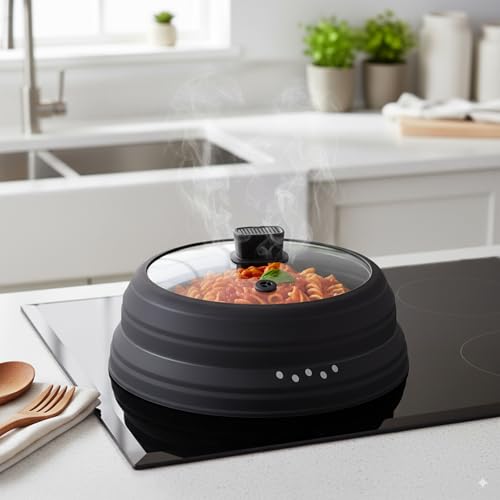 Microwave Splatter Cover Glass Microwave Cover for Food Collapsible Splatter Guard Lid with Silicone Handle for Pot Plate Bowl 11.8 Inch Black