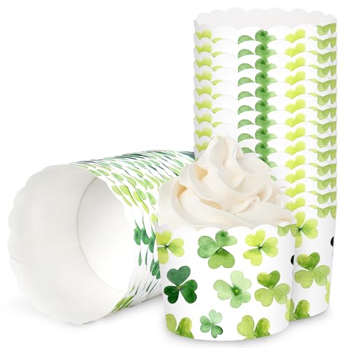 100Pcs St. Patrick's Day Paper Baking Cups Cupcake Wrappers Watercolor Green Shamrock Clover Scalloped Edge Cupcake Muffin Cases for Irish Dessert Decoration (100 Count)