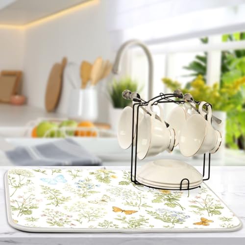 Herbs Flowers Botanical Butterfly Dish Drying Mat for Kitchen Counter Absorbent Microfiber Drying Pad
