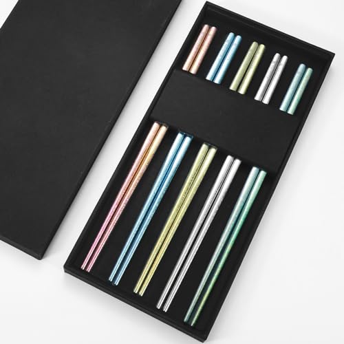 Pure Titanium Chopsticks 5 Pairs Metal Chopsticks Reusable (10 Count)