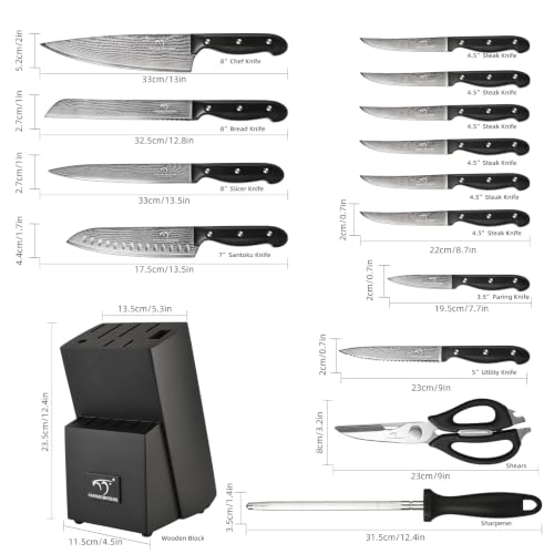 15 Piece Damascus Kitchen Knife Set with Compact Block (15 Count)