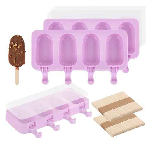 3 Set Violet Samll Popsicles Molds with Lids and 100 Pieces Wooden Popsicles Sticks (3 Count)