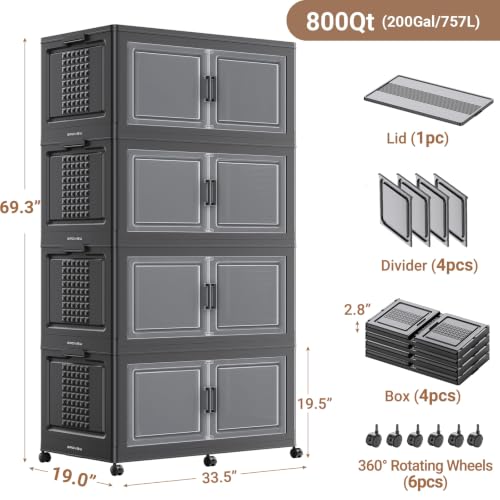 200Gal XL Stackable Storage Bins Foldable Box Cabinet for Home 4Pack Black (4 Count)