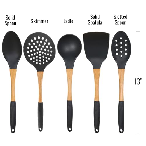 5pc Dark Grey Nylon Wooden Kitchen Utensils with Cooking Spoons