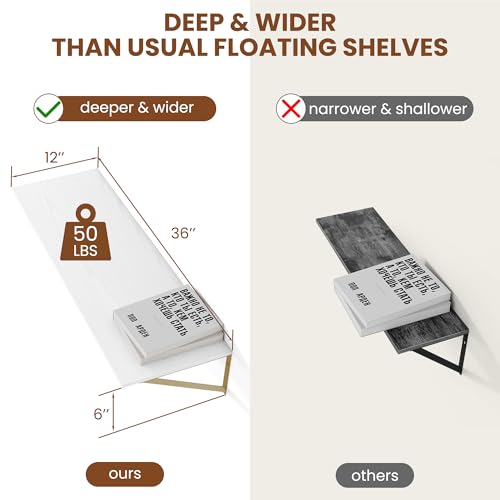36W x 12D Deep Floating Shelves Set of 2 White & Gold (2 Count)