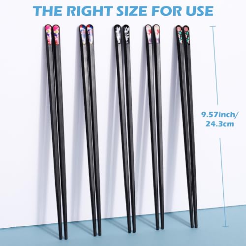 5 Pairs Premium Chopsticks Reusable Dishwasher Safe 9.5 Inch Fiberglass Chop Sticks Gift Set Hexagon Black Non Slip with the Printed Tops (5 Count)