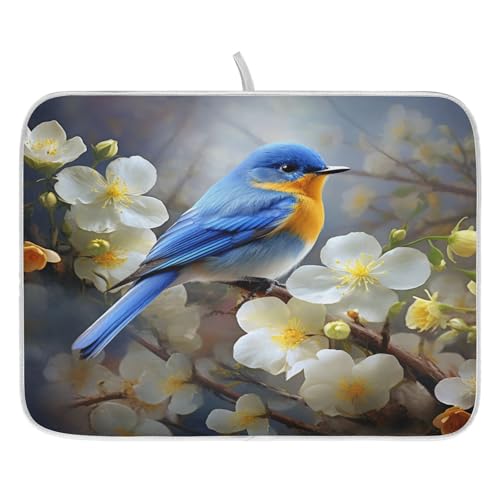 Spring Blue Yellow Flower Bluebird Butterflies Dish Drying Mat for Kitchen Ccounter Absorbent Microfiber Small Drying Pad Dish Mats for Kitchen Countertops 16 x 18 Inch