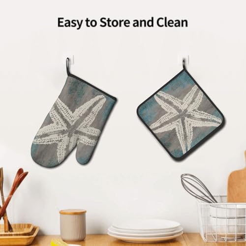 Vintage Starfish Oven Mitts and Pot Holder Set of 2 Coastal Beachy Nautical Heat Resistant Oven Glove Potholders for Kitchen Cooking Baking