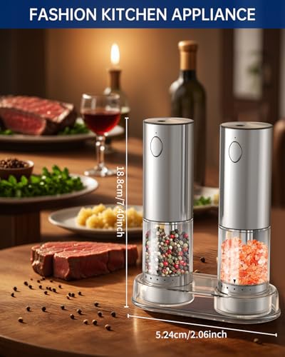 Electric Salt and Pepper Grinder Set Rechargeable Stainless Steel Salt and Pepper Shakers with LED Light and Storage Base (2 Count)