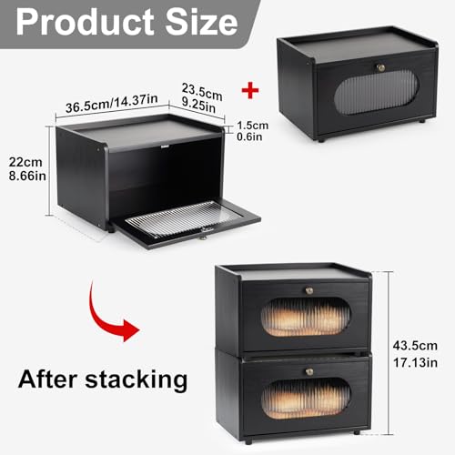 Bread Box for Kitchen Countertop Storage Wooden Breadbox Holder Container Morden Rustic Fresh Bread Keeper Farmhouse Stackable Organizer Bin for Homemade Food Shelf Acrylic Window