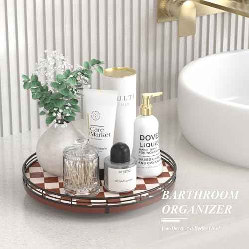 12 Inch Brown Checkerboard Lazy Susan with Black Metal Rail