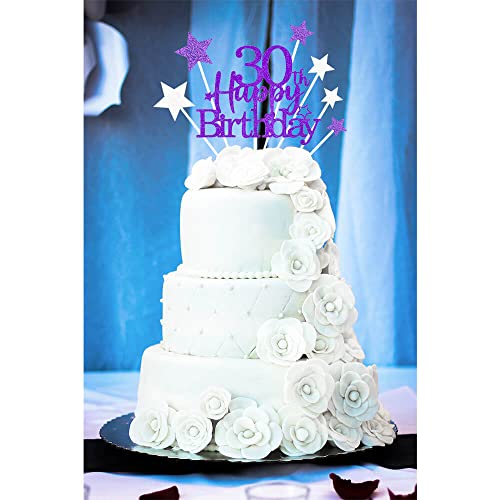 Purple Silver 30th Birthday Cake Topper with Glittery Stars (7 Count)