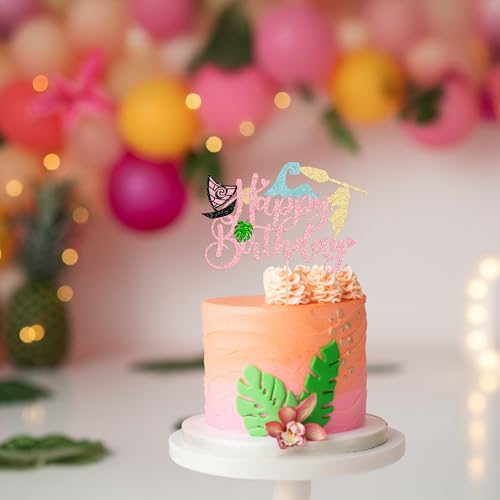 1Pcs Summer Cake Topper Glitter Tree Flower Happy Birthday Cake Pick Decoration for Tropical Hawaiian Luau Theme Baby Shower Kids Birthday Party Cake Decorations Supplies Pink
