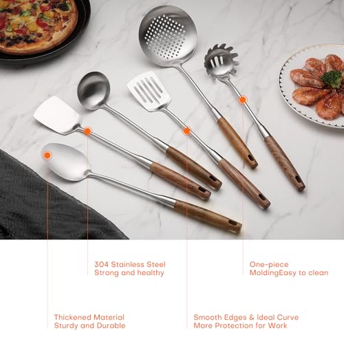 6 Pcs Cooking Utensils Set 304 Stainlss Steel Kitchen Utensils Set Heat Resistant Wooden Handle Kitchen Tools Metal Kitchen Utensil Soup Ladle Set (6 Count)