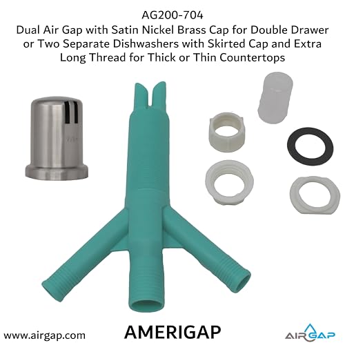 Dual Air Gap with Satin Nickel Brass Cap for Double Drawer or Two Separate Dishwashers with Skirted Cap and Extra Long Thread for Thick or Thin Countertops
