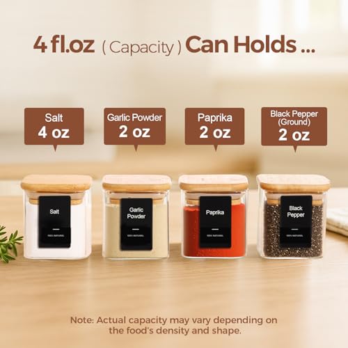 Square Glass Spice Jars with Labels 4 oz 12 Pack with Bamboo Lids (12 Count)