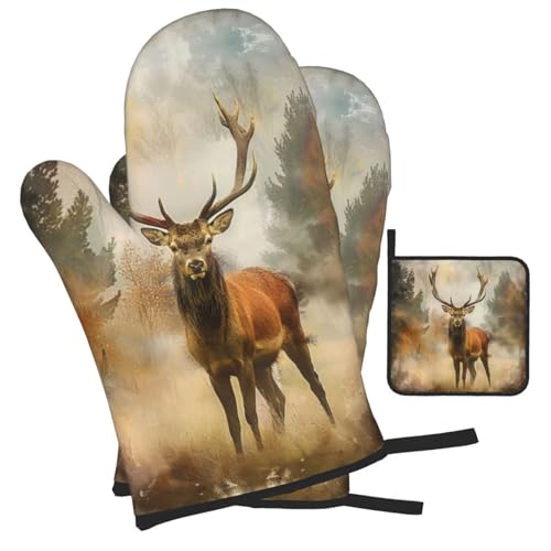 Deer Art Oven Mitts and Pot Holders Sets of 3 Heat Resistant Oven Gloves Hot Pads Non (4.33 Count)