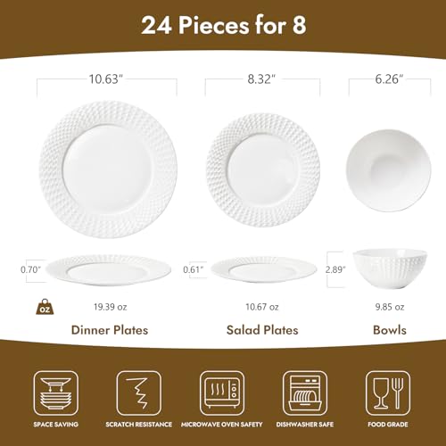 24Pc Rhombus Edge White Bone China Set